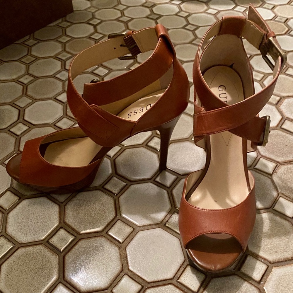 Guess Strappy Leather Platform Heels